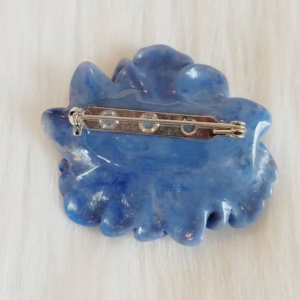 Vintage Coquette Blue Rose Brooch Flower Textured Rhinestone Cottagecore 12518